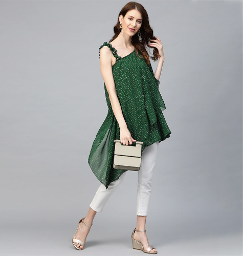 Women Green & Golden Printed One Sleeve Asymmetric Layered Tunic